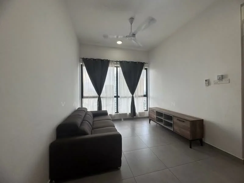 Living features: 3-seater fabric sofa in dark brown, coffee table, TV console, floor-to-ceiling windows, sheer curtains, blackout curtains, ceiling fan with light, recessed downlights, grey tiled flooring, white painted walls; style: modern; view: city.