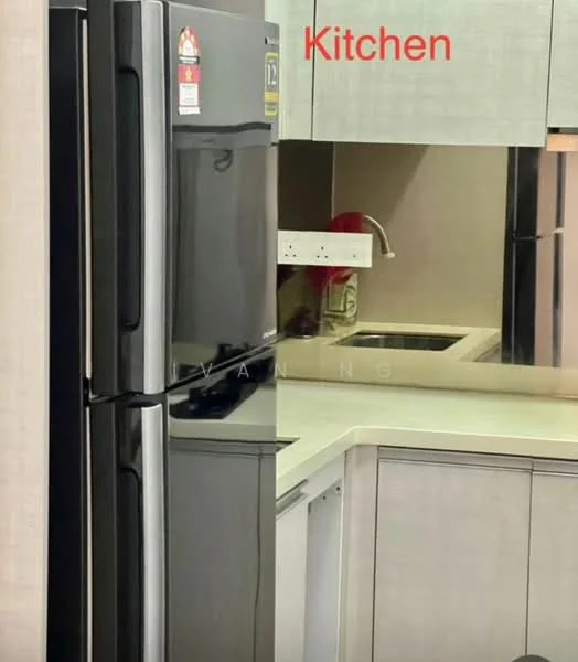 Kitchen features: stainless-steel fridge, single-bowl stainless-steel sink, chrome pull-down faucet, light-colored countertop, white cabinetry, built-in appliances, modern cabinet handles, tile backsplash; style: modern.