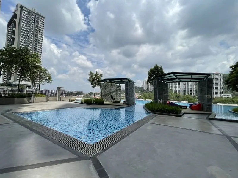 Exterior type: swimming pool deck; features: infinity pool, pool deck with loungers, landscaped garden area, stone-clad pavilions, manicured lawn, surrounding greenery, city skyline in background; style: modern.