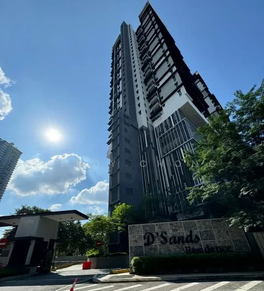 Exterior type: high-rise condominium; features: glass curtain wall, black and white facade, recessed balconies, feature lighting at night, surrounded by mature greenery, guard house at entrance, gated entry, double-volume main lobby; style: modern.