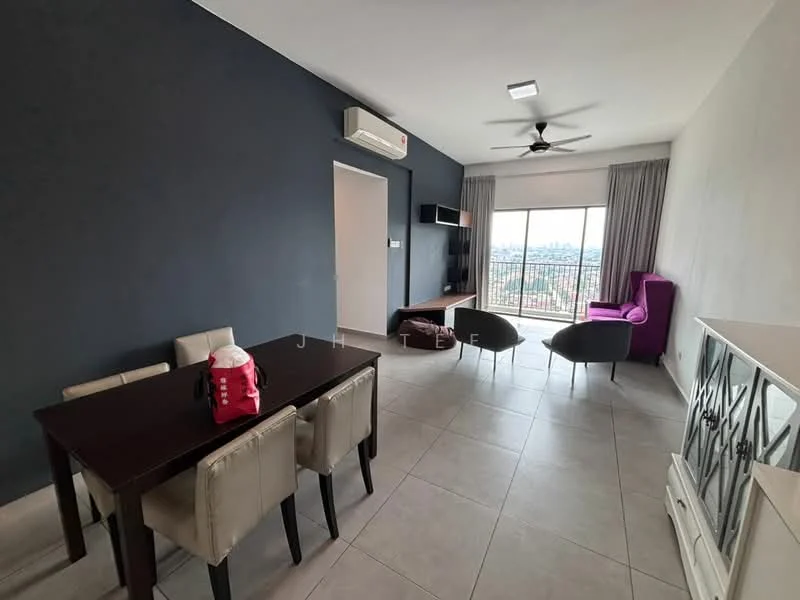 Living features: grey accent wall, white painted walls, large floor-to-ceiling window, sliding glass door, ceiling fan, wall-mounted TV, TV console, purple armchair, dining table with 6 chairs, tile flooring, curtains, decorative mirror; style: modern; view: city.