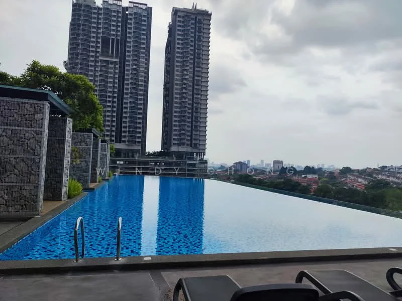 Exterior type: high-rise condominium; features: infinity pool, pool deck with loungers, surrounded by greenery, city skyline in background, stone-clad walls, concrete flooring around pool; style: modern.