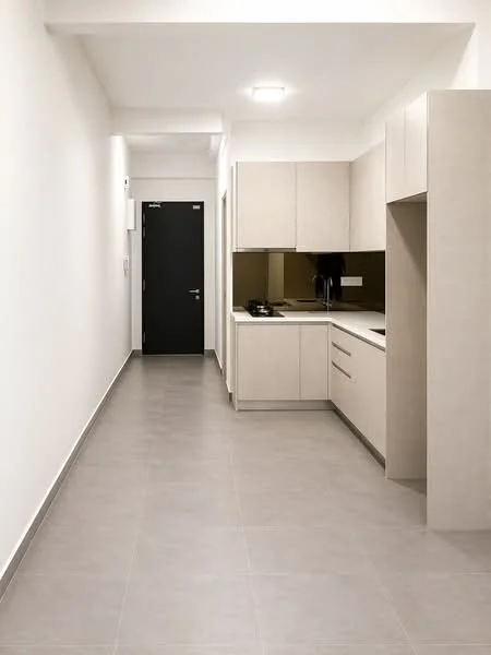 Kitchen features: light beige cabinetry, black countertop, built-in stove, white walls, grey tile flooring, recessed ceiling lights, single-bowl stainless-steel sink, modern faucet, open layout, wall-mounted cabinets; style: modern. Room features: grey tile flooring, white walls, doorway leading to hallway.