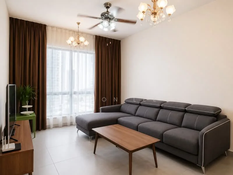 Living features: L-shape sectional sofa in grey, wood coffee table, TV console, wall-mounted TV, 5-blade ceiling fan with light, chandelier, floor-to-ceiling windows, sheer curtains, brown curtains, light-colored tiled flooring, decorative plant in ceramic pot; style: modern; view: city.