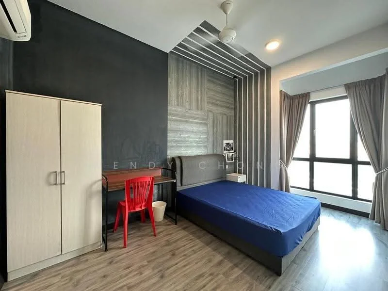 Bedroom features: king-size bed with blue bedding, wooden flooring, grey accent wall, wood panel feature wall, floor-to-ceiling windows, curtains, desk with red chair, air conditioning unit, built-in wardrobe, ceiling fan; style: modern; view: city.