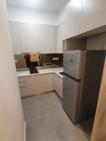 Kitchen features: light wood cabinetry, white countertops, stainless-steel fridge, built-in gas stove, mirror backsplash, grey tile flooring, under-cabinet lighting, single-bowl stainless-steel sink; style: modern.