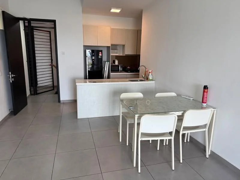 Kitchen features: white cabinetry, grey countertop, stainless-steel sink, chrome pull-down faucet, built-in oven, stainless-steel fridge, ceramic tile flooring, recessed downlights, open layout, island with seating, dining table with four chairs; style: modern. Room features: grey tile flooring, open space, natural light from windows.