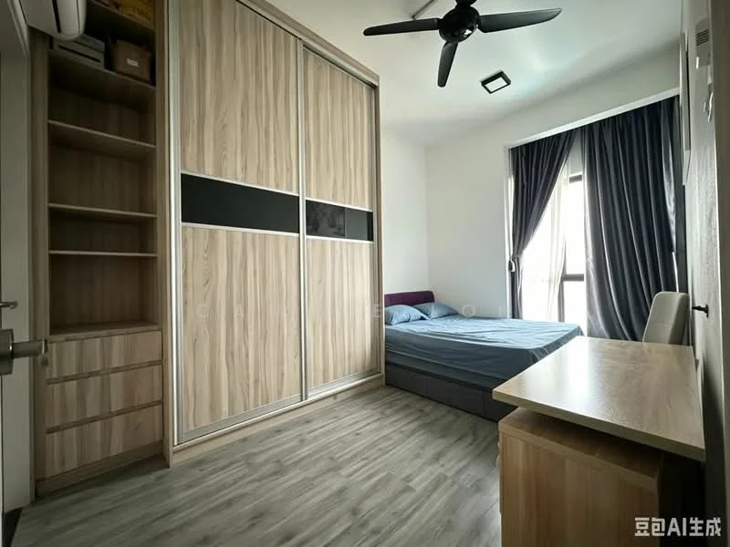 Bedroom features: queen-size bed with grey bedding, built-in wardrobe with wood finish and black accents, study desk with wooden surface, floor-to-ceiling window with sheer curtains, ceiling fan, laminate flooring, wall-mounted light fixture, decorative wall with minimal decor; style: modern.