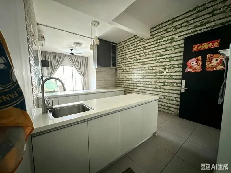 Kitchen features: white cabinetry, marble countertop, single-bowl stainless-steel sink, chrome pull-down faucet, tile backsplash with green stripes, grey tiled flooring, recessed downlights, window with sheer curtains, wall-mounted split AC; style: modern.