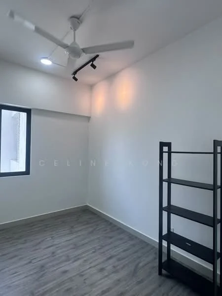 Room features: white painted walls, laminate flooring, 5-blade ceiling fan with integrated LED light, track lighting, window with black frame, black shelving unit; style: modern.