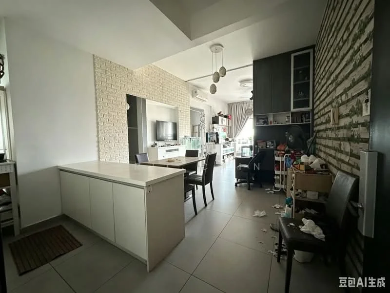 Kitchen features: white kitchen island with seating, grey cabinetry, exposed brick accent wall, white walls, tile flooring, recessed downlights, ceiling fan, open shelving, built-in appliances, dining chairs, clutter on countertop; style: modern.