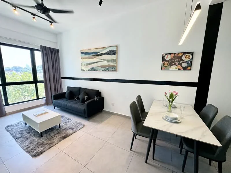 Living features: 3-seater fabric sofa in black, coffee table, area rug with geometric pattern, floor-to-ceiling windows, curtains, wall-mounted artwork; style: modern; view: city. Dining features: 6-seater dining table with marble top, upholstered dining chairs, flower vase with tulips, wall-mounted artwork, light fixture above table; style: modern.