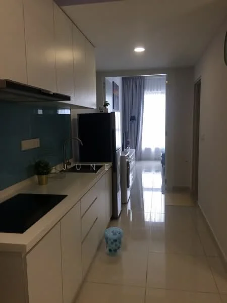 Kitchen features: white cabinetry, black countertop, stainless-steel sink, chrome pull-down faucet, built-in stove, refrigerator, ceramic tile flooring, recessed downlights, window with sheer curtains, decorative plant on countertop; style: modern. Room features: light-colored walls, curtains, doorway leading to another room.