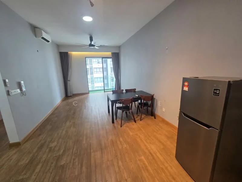Dining features: 4-seater dining table, wooden dining chairs, floor-to-ceiling windows, sliding glass door, grey painted walls, laminate flooring, ceiling fan, air conditioning unit, curtains, refrigerator; style: modern; view: garden.