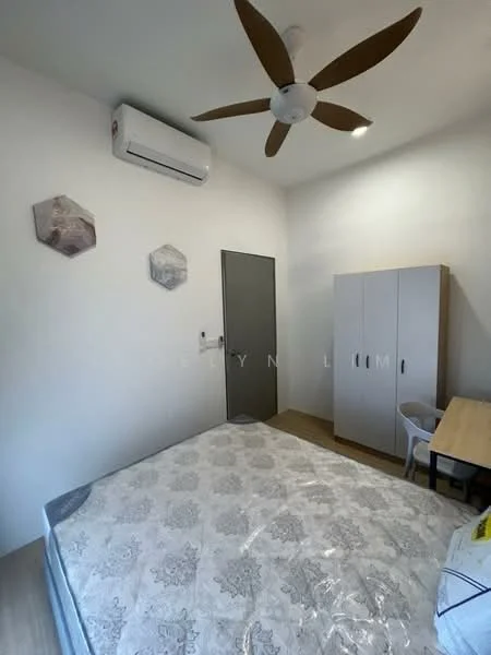 Bedroom features: queen-size bed with mattress, 5-blade ceiling fan, 1 wall-mounted split AC, light wood flooring, white painted walls, 2 hexagonal wall art pieces, built-in wardrobe with sliding doors, study desk with chair; style: modern.