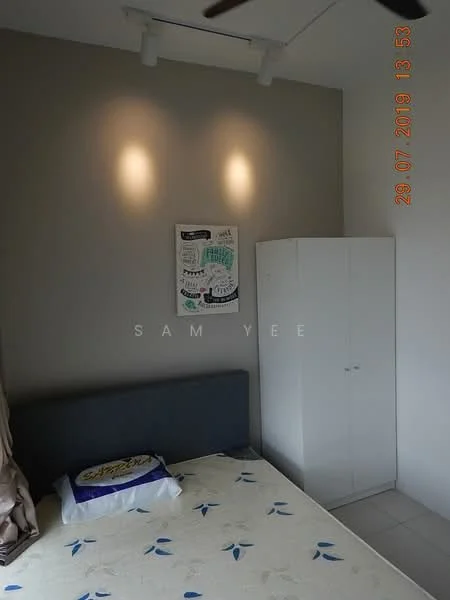 Bedroom features: queen-size bed, upholstered headboard, decorative wall art, white painted walls, recessed downlights, ceiling fan, built-in wardrobe, tile flooring; style: modern.