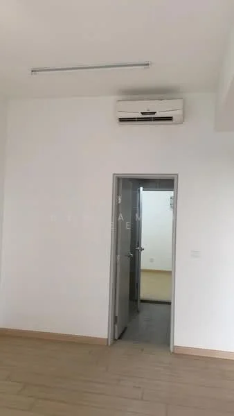 Room features: white painted walls, wooden flooring, 1 wall-mounted split AC, door leading to another room, ceiling light fixture, neutral color scheme; style: modern.