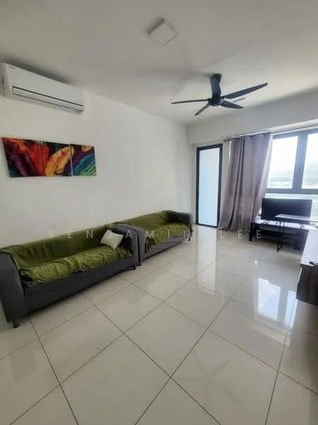 Living features: 2-seater grey fabric sofa, green throw pillows, wall-mounted TV, TV console, floor-to-ceiling windows, sliding glass door, sheer curtains, white painted walls, recessed ceiling lights, 5-blade ceiling fan, glossy tile flooring, decorative artwork; style: modern; view: city.