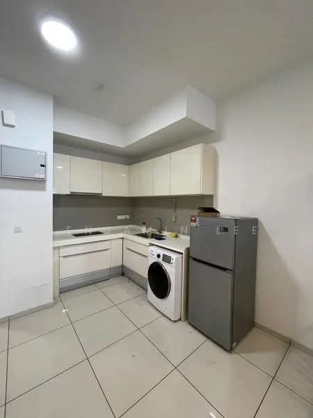 Kitchen features: white cabinetry, grey backsplash, stainless-steel sink, chrome pull-down faucet, built-in oven, freestanding washing machine, stainless-steel fridge, ceramic tile flooring, recessed downlights, flat-panel cabinetry, countertop with integrated sink, wall-mounted electrical panel; style: modern.