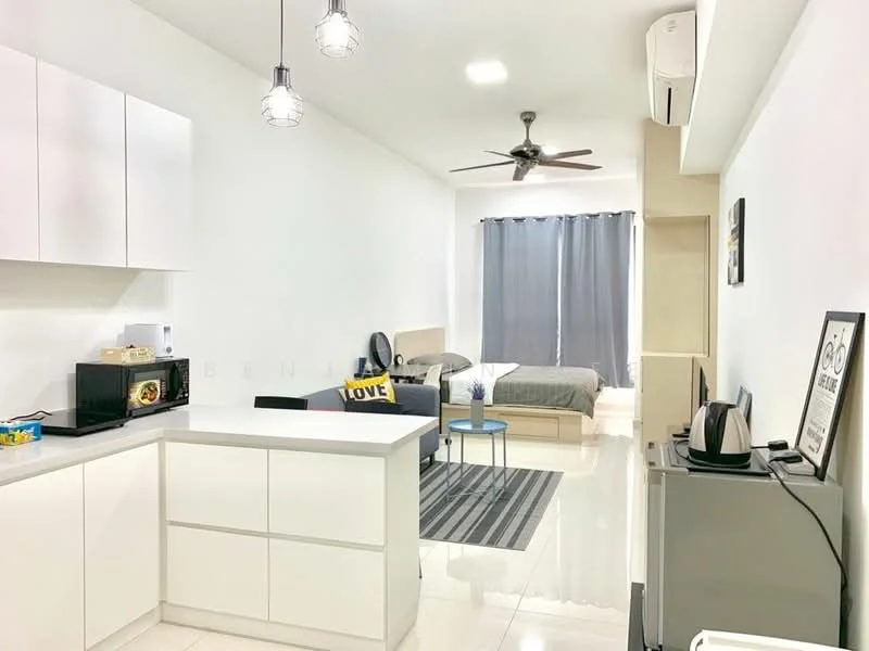 Kitchen features: white cabinetry, grey countertop, stainless-steel sink, chrome pull-down faucet, built-in microwave, black kettle, black toaster, refrigerator, 2-blade ceiling fan, pendant lighting, white tiled flooring, open shelving; style: modern. Living features: queen-size bed, upholstered headboard, bedside table, grey curtains, area rug with geometric pattern, wall-mounted TV, 2-blade ceiling fan, white walls, light-colored bedding; style: modern.