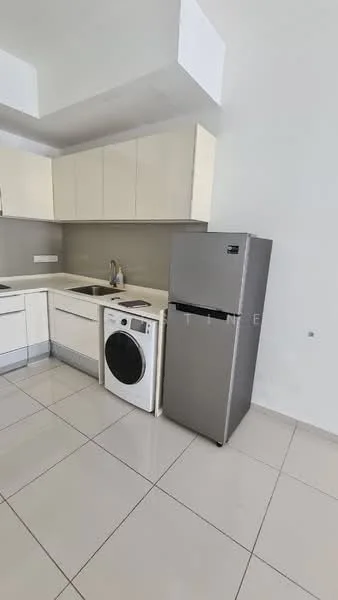 Kitchen features: white cabinetry, grey countertop, stainless-steel single-bowl sink, chrome pull-down faucet, built-in oven, freestanding range oven, stainless-steel fridge, front-load washing machine, ceramic tile flooring, recessed downlights, white walls, open shelving; style: modern.