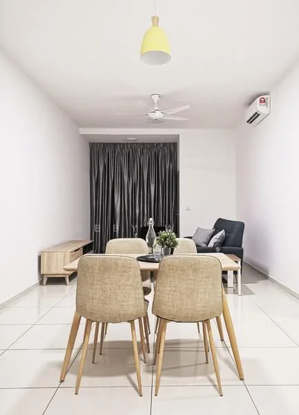 Dining features: 4-seater dining table, beige upholstered dining chairs with wooden legs, light grey sofa, wooden coffee table, ceiling fan with light, air conditioning unit, dark grey curtains, white painted walls, glossy tile flooring; style: modern.