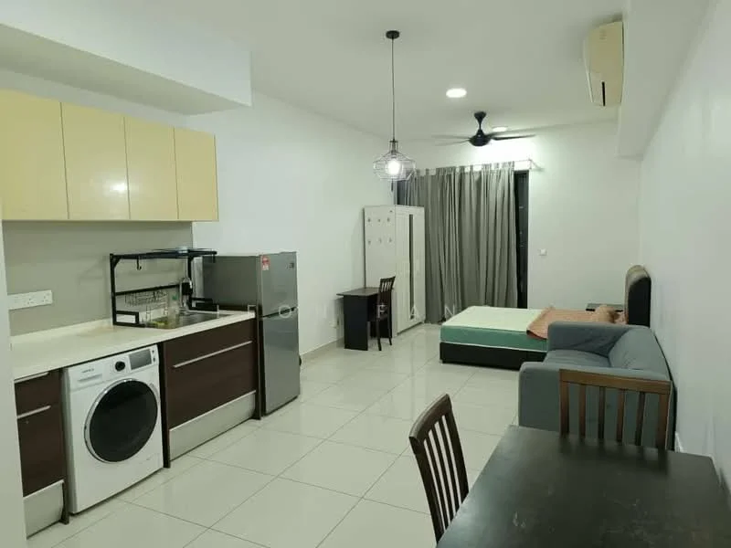 Kitchen features: white and brown cabinetry, stainless-steel fridge, front-load washing machine, ceramic tile flooring, single-bowl stainless-steel sink, chrome pull-down faucet, built-in countertop, microwave; style: modern. Living features: 3-seater fabric sofa in grey, queen-size bed, wood dining table with 4 chairs, ceiling fan, LED ceiling light, curtains, tile flooring; style: modern.