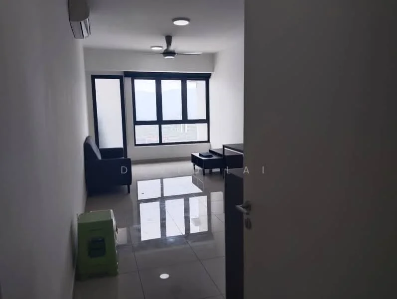 Living features: white painted walls, glossy tile flooring, 5-blade ceiling fan, floor-to-ceiling windows, black fabric sofa, glass coffee table, natural light from windows, city view visible through windows; style: modern; view: city.