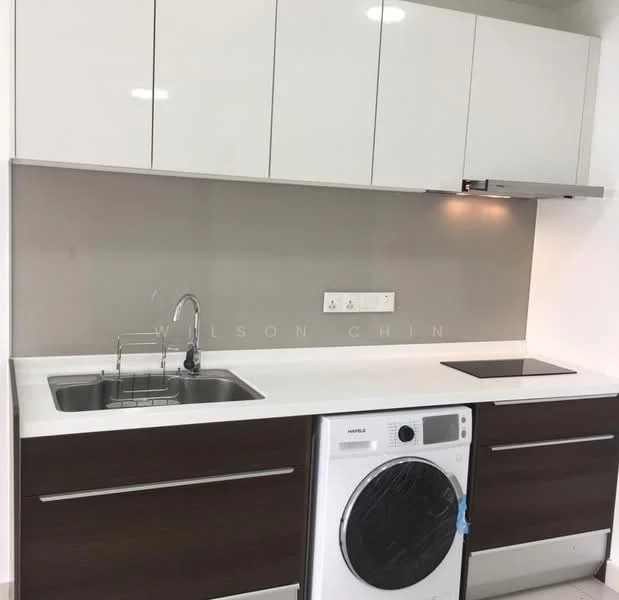 Kitchen features: white high-gloss upper cabinets, dark wood lower cabinets, single-bowl stainless-steel sink, chrome pull-down faucet, white quartz countertop, grey tile backsplash, built-in induction cooktop, front-load washing machine, under-cabinet lighting; style: modern.