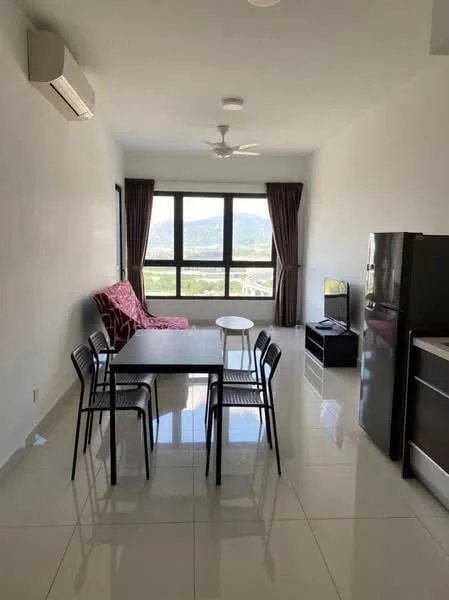 Living features: white painted walls, glossy tile flooring, 5-blade ceiling fan, wall-mounted split AC, floor-to-ceiling windows, brown curtains, red patterned sofa, black TV console, wall-mounted TV, dining table with 4 black chairs, small round white coffee table, refrigerator; style: modern; view: mountain.