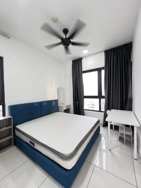 Bedroom features: queen-size bed, upholstered headboard in blue, white bedding, ceiling fan with 5 blades, floor-to-ceiling window, blackout curtains, white desk, white chair, built-in wardrobe, white tiled flooring, wall-mounted light fixture; style: modern; view: city.