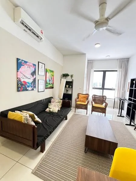 Living features: black fabric sofa, wooden coffee table, area rug with geometric pattern, 2 rattan armchairs, wall-mounted split AC, floor-to-ceiling window, curtains, framed artwork, decorative plant, TV console, ceiling fan with light; style: modern; view: city.