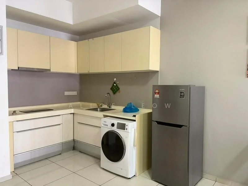 Kitchen features: light-colored cabinetry, white countertop, single-bowl stainless-steel sink, chrome pull-down faucet, built-in washing machine, stainless-steel fridge, ceramic tile flooring, grey accent wall, wall-mounted kitchen cabinet, under-cabinet lighting; style: modern.