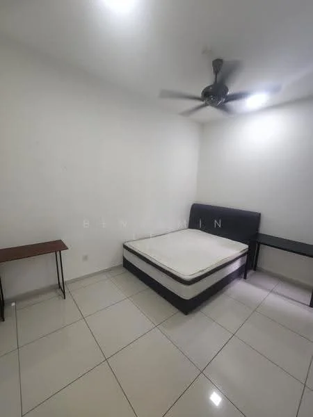 Bedroom features: queen-size bed, upholstered headboard, 2 bedside tables, ceiling fan, white painted walls, tile flooring, natural light from window, minimalist decor; style: minimalist.
