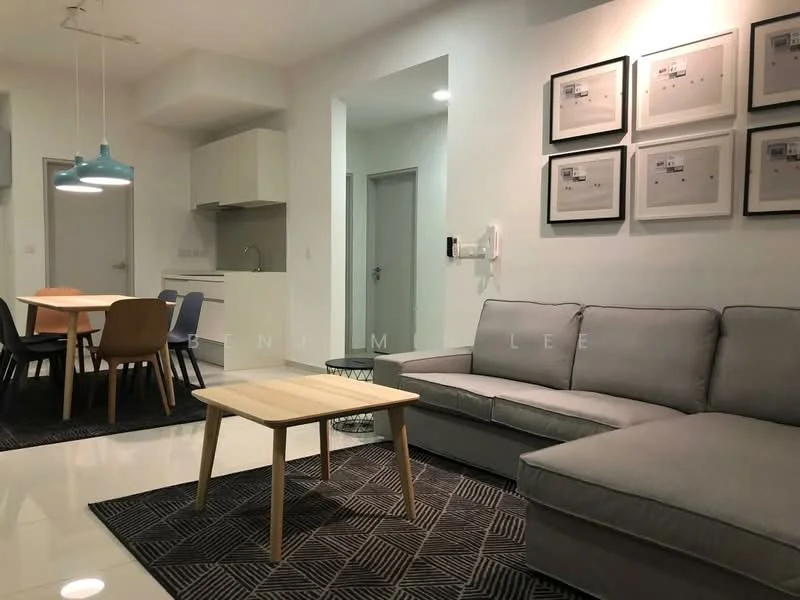 Living features: grey fabric sectional sofa, coffee table with wooden legs, area rug with geometric pattern, wall-mounted artwork in frames, pendant light with blue shade, white painted walls, glossy tile flooring, floor-to-ceiling windows, dining table with four chairs; style: modern. Dining features: dining table with wooden top, four multi-colored dining chairs, pendant light above dining table; style: modern. Kitchen features: white cabinetry, built-in kitchen appliances, countertop with backsplash, open layout to living area; style: modern.