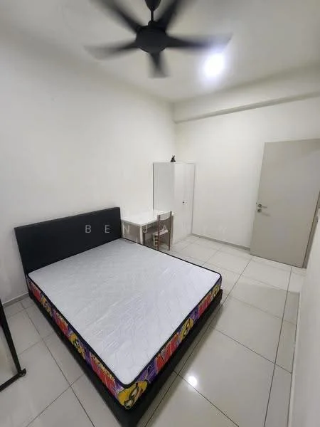 Bedroom features: queen-size bed frame, white tiled flooring, white painted walls, ceiling fan, built-in wardrobe, desk with chair, single door, window with no visible treatment; style: modern.