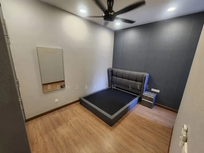 Bedroom features: wooden flooring, grey accent wall, black upholstered bed frame, mirror on wall, ceiling fan, recessed downlights, nightstand, window with treatment; style: modern.