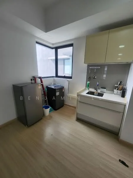 Kitchen features: white painted walls, light wood flooring, single-bowl stainless-steel sink, chrome pull-down faucet, white cabinetry with flat-panel design, grey countertop, stainless-steel fridge, washing machine, window with view to the outside, kitchen utensils on countertop; style: modern.
