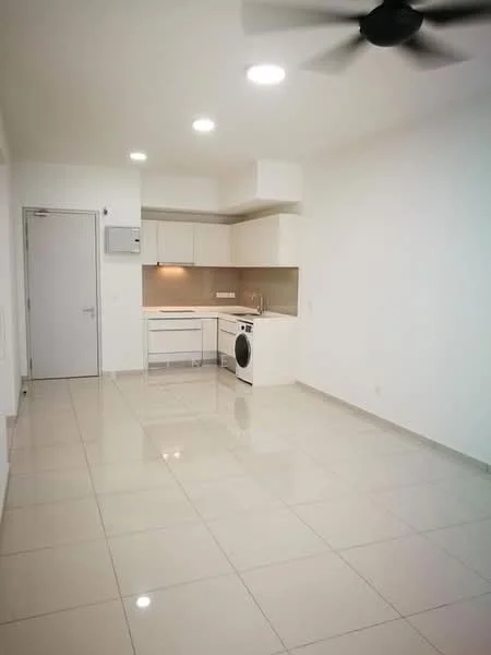 Kitchen features: white cabinetry, grey countertop, single-bowl stainless-steel sink, chrome pull-down faucet, built-in oven, freestanding washing machine, ceramic tile flooring, recessed downlights, 5-blade ceiling fan, white painted walls; style: modern.