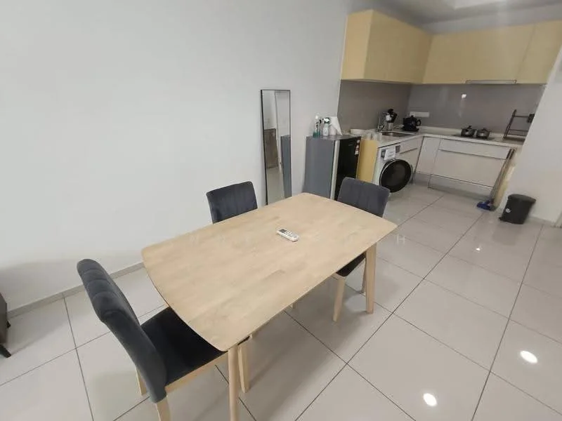 Dining features: 4-seater dining table with light wood finish, grey upholstered dining chairs, mirror on wall, white painted walls, glossy ceramic tile flooring, kitchen area visible in background, built-in cabinetry in kitchen, microwave, washing machine, stainless-steel sink, countertop with storage below; style: modern.