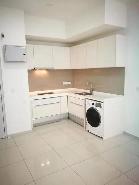 Kitchen features: white cabinetry, stainless-steel sink, chrome pull-down faucet, white quartz countertop, ceramic tile backsplash, built-in oven, freestanding washing machine, under-cabinet lighting, flat-panel cabinet doors, neutral wall color, glossy floor tiles, open layout; style: modern.