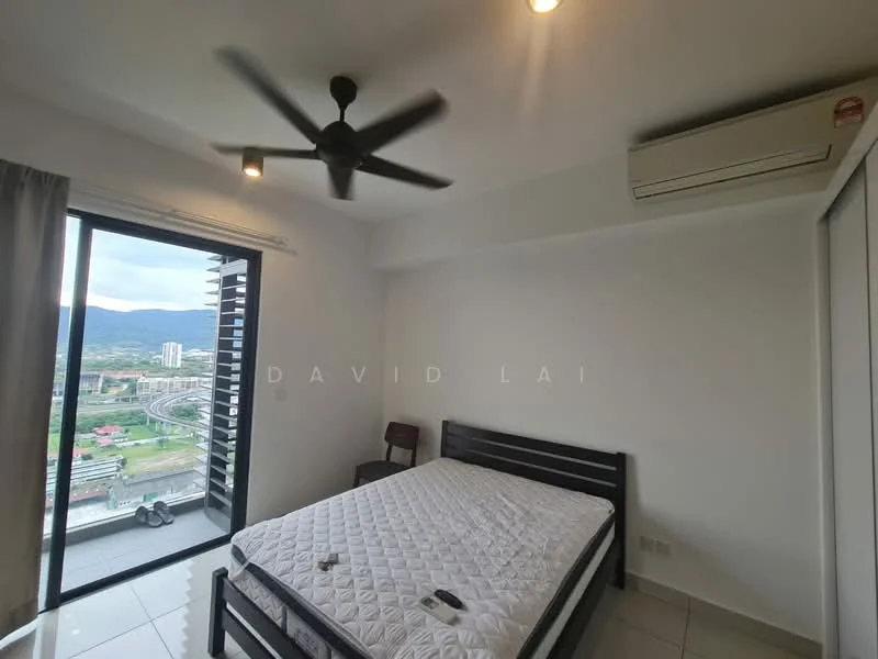 Bedroom features: queen-size bed, 5-blade ceiling fan, wall-mounted split AC, floor-to-ceiling windows, sliding glass door, white painted walls, tile flooring, curtains, chair, mountain view; style: modern; view: mountain.