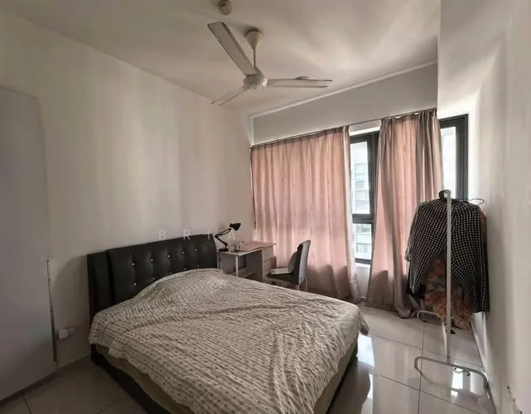 Bedroom features: king-size bed with upholstered headboard, bedding with patterned duvet cover, 2 bedside lamps, study desk with chair, floor-to-ceiling windows, sheer curtains, light-coloured walls, ceiling fan, tile flooring, clothes rack, decorative clothing on rack; style: modern.