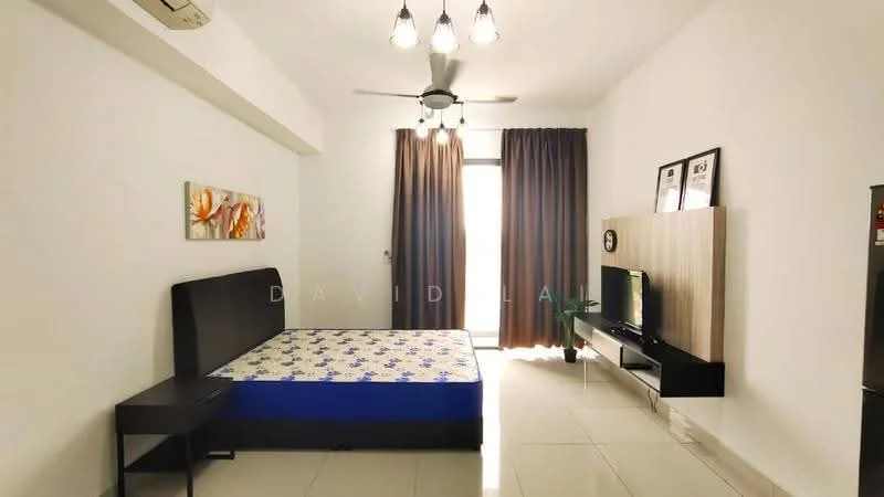 Bedroom features: queen-size bed with blue and white bedding, black bedside table, wall-mounted TV, light wood feature wall, white painted walls, large sliding glass door, floor-to-ceiling curtains in brown, white tiled flooring, 5-blade ceiling fan with light, decorative artwork on wall; style: modern.