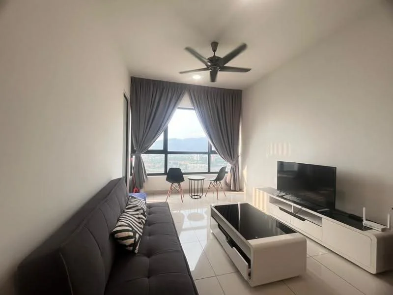 Living features: grey fabric sofa, black and white striped throw pillow, white coffee table with black top, white TV console, wall-mounted TV, 5-blade ceiling fan, floor-to-ceiling windows, sheer curtains, mountain view, white tiled flooring, decorative wall art; style: modern; view: mountain.