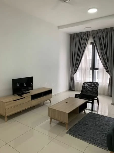 Living features: white painted walls, glossy tile flooring, 5-blade ceiling fan with light, floor-to-ceiling windows, sheer curtains, black armchair, wooden coffee table, TV console in light wood, wall-mounted TV, area rug with geometric pattern; style: modern.