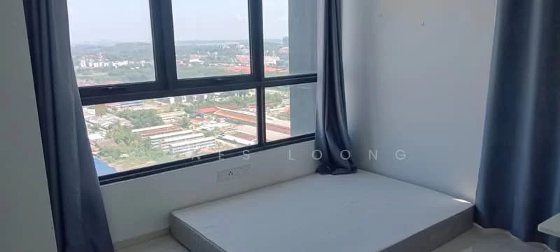 Room features: floor-to-ceiling windows, grey curtains, white walls, light-colored flooring, unfurnished mattress base, city view, power outlet, natural light; style: modern; view: city.