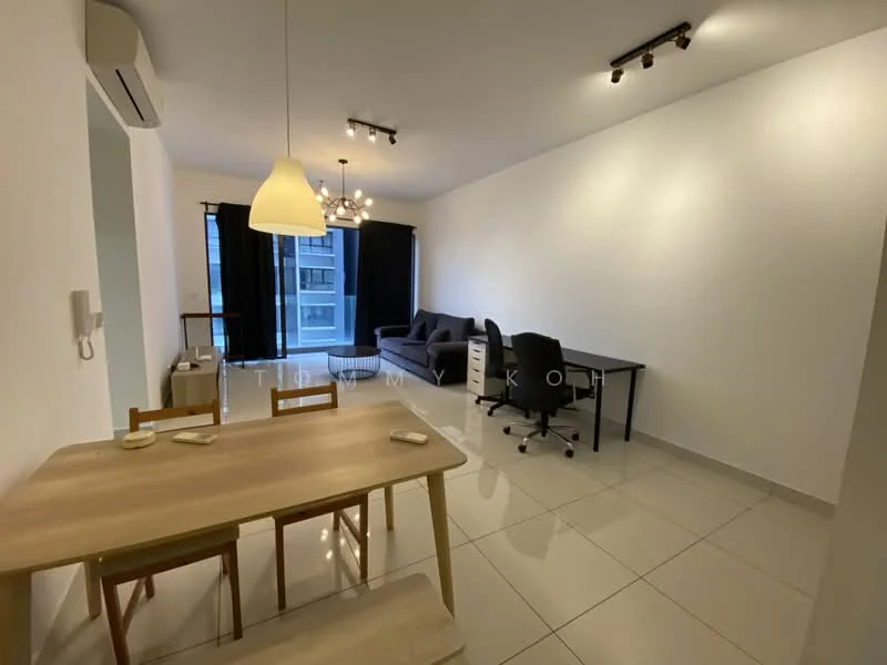 Living features: grey fabric sofa, black study desk, wood dining table, 4 wooden dining chairs, pendant light fixture, recessed LED downlights, floor-to-ceiling windows with black curtains, white painted walls, glossy tile flooring, wall-mounted air conditioning unit; style: modern; view: city.