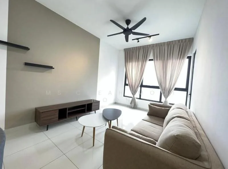 Living features: 3-seater fabric sofa in beige, coffee table, TV console, wall-mounted TV, floor-to-ceiling windows, sheer curtains, ceiling fan with light, white painted walls, light grey accent wall, polished tile flooring; style: modern.