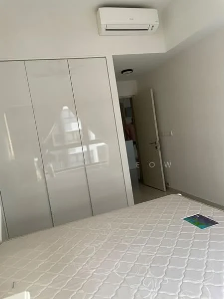 Bedroom features: built-in wardrobe with sliding doors, white painted walls, tile flooring, 1 wall-mounted split AC, door leading to hallway, queen-size bed base, light fixture on ceiling; style: modern.